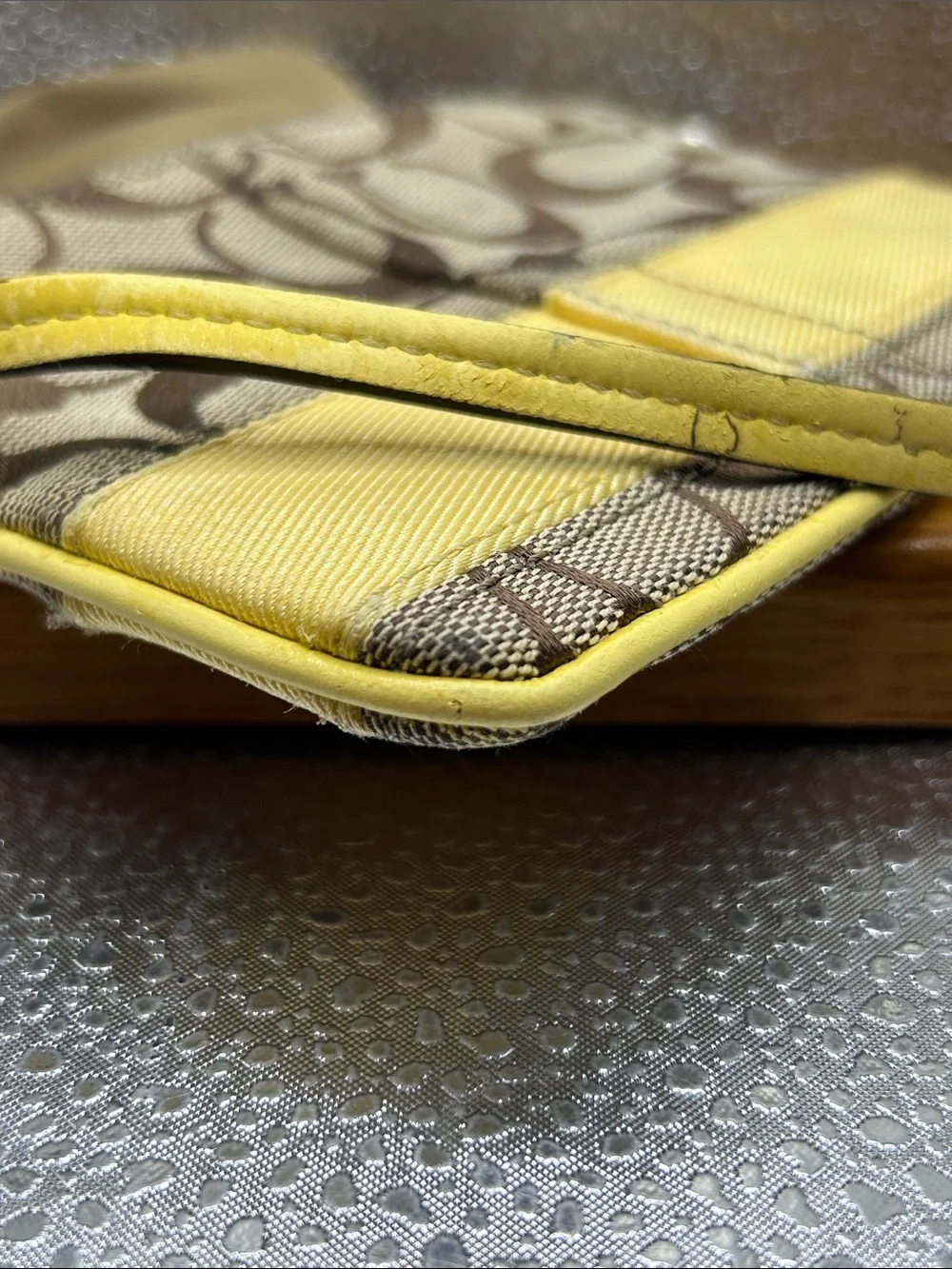 COACH 40028 Legacy Stripe Yellow Brown Monogram Zip Leather Wristlet Tag 6” X 4”